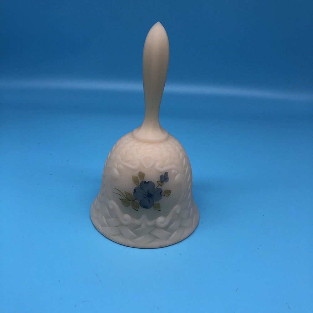 Pretty Fenton Custard Hand Painted Bell Signed K. Brunny, Blue Flower
